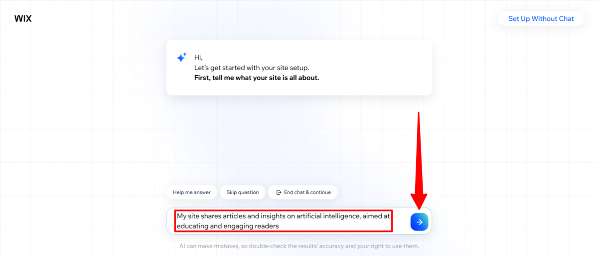 Informando ao chatbot do Wix sobre o que será meu site.