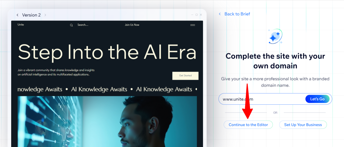 Continuando com o editor ao criar um site com Wix.