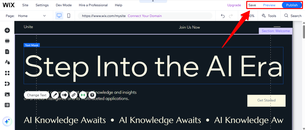 Salvar, visualizar e publicar um site no Wix.