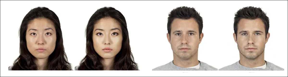 Dari studi tahun 2024: contoh wajah perempuan (kiri) dan laki-laki (kanan) sebelum dan sesudah filter kecantikan. Filter tersebut mengubah fitur-fitur seperti warna kulit, mata, hidung, bibir, dagu, dan tulang pipi untuk meningkatkan persepsi daya tarik. Sumber: https://arxiv.org/pdf/2407.11981