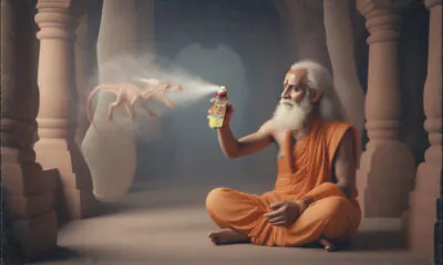 A Swami sprays a hallucinated small dragon with RAID bug-spray. SDXL, Flux.1D and Flux Kontext via Krita.