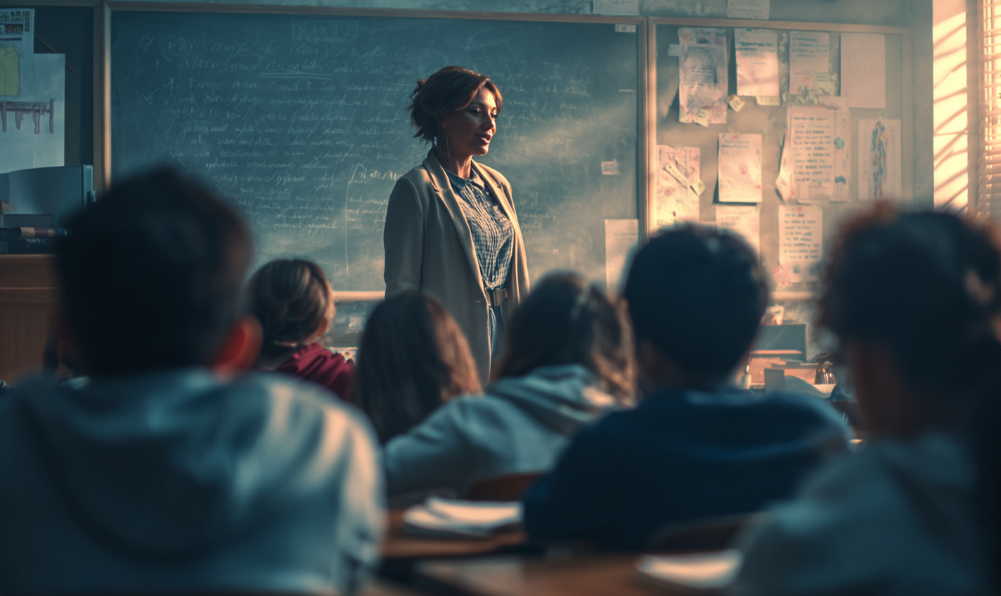 A teacher standing in front of a classroom full of students.