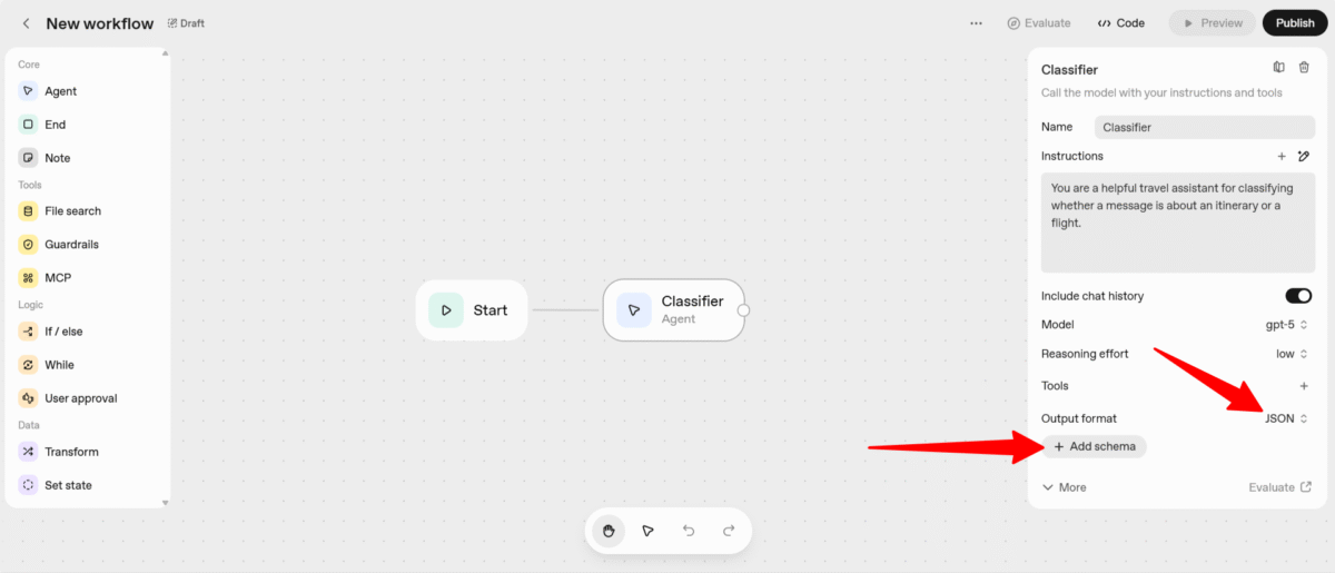 Selecting the output format when creating a workflow with AgentKit.