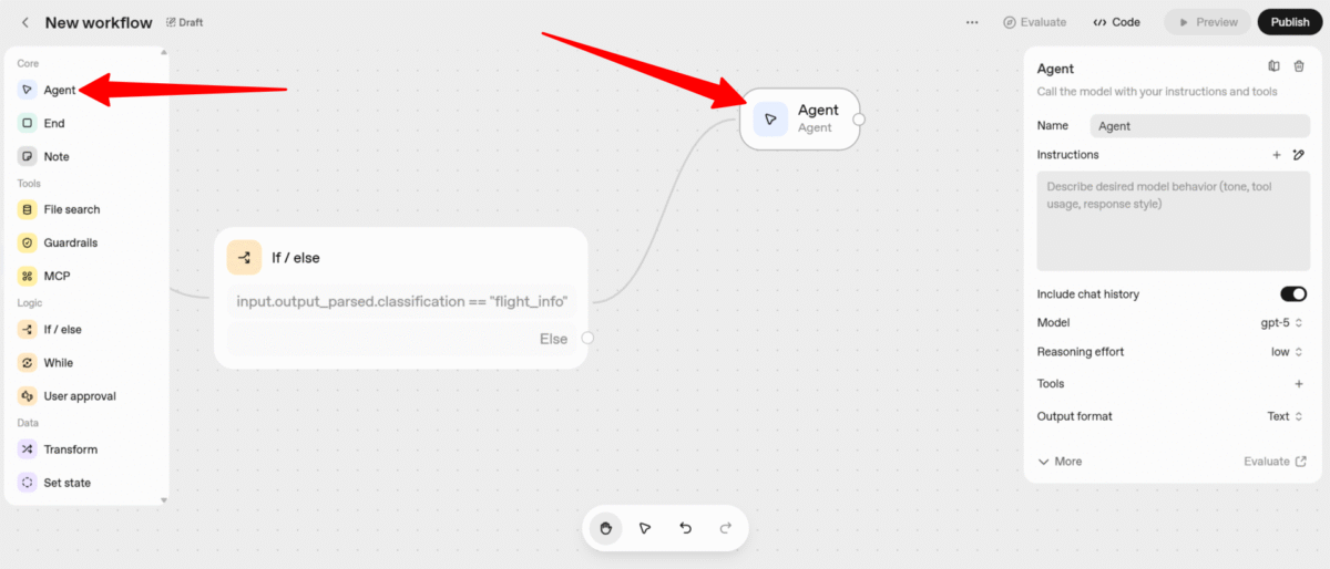 Adding a flight agent node to a workflow made with AgentKit.