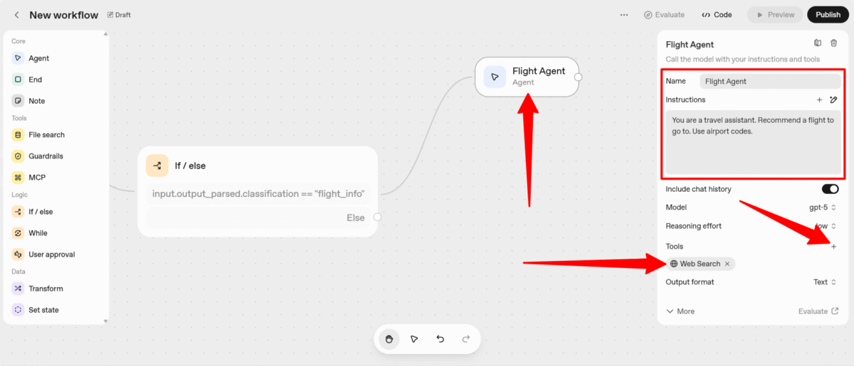 Naming the agent, giving it instructions, and adding websearch as a tool.