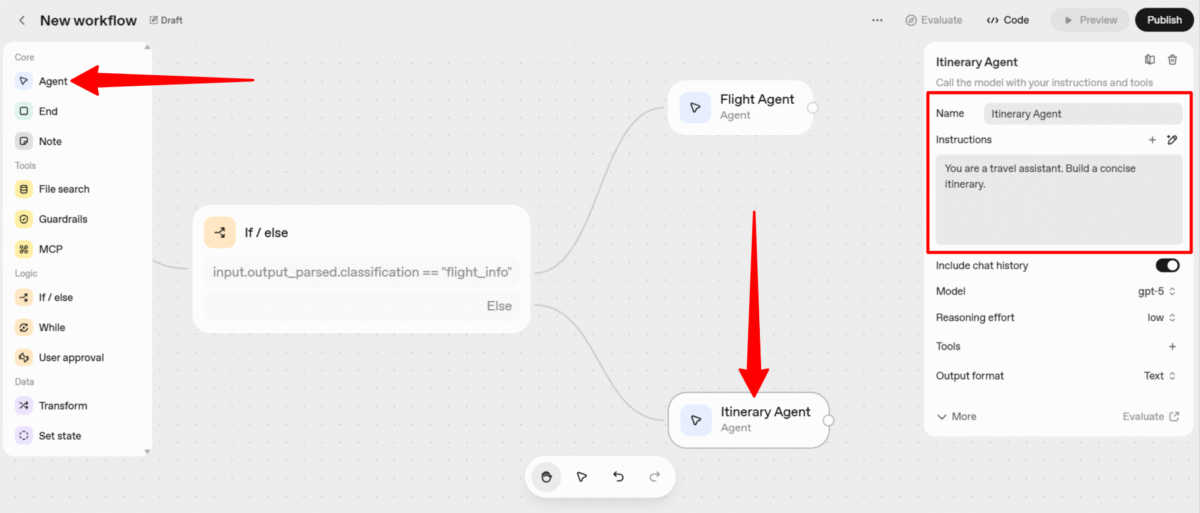 Adding an itinerary agent option to a workflow made with AgentKit.