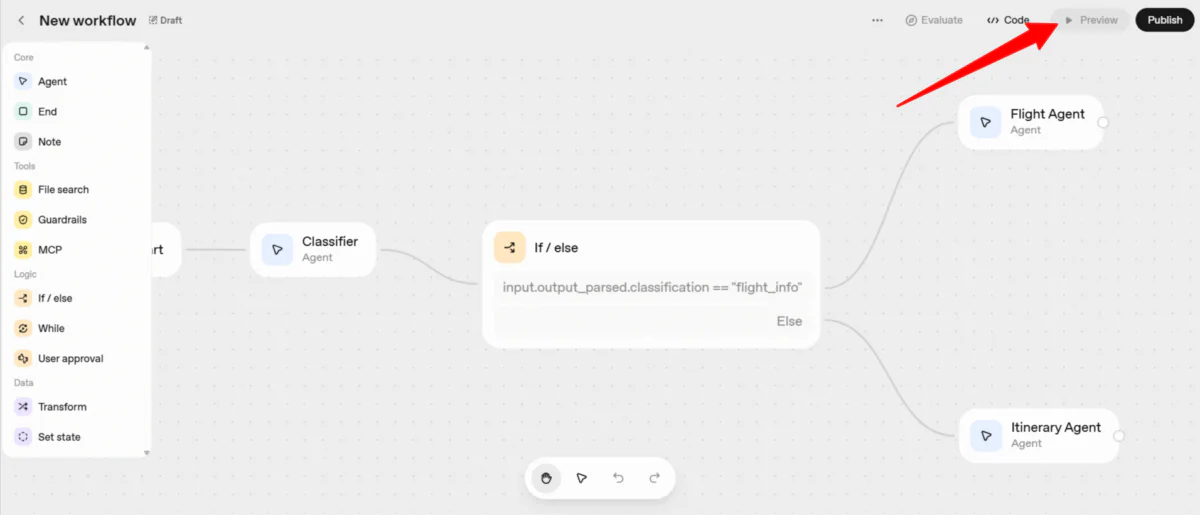 Previewing a workflow in AgentKit by OpenAI.
