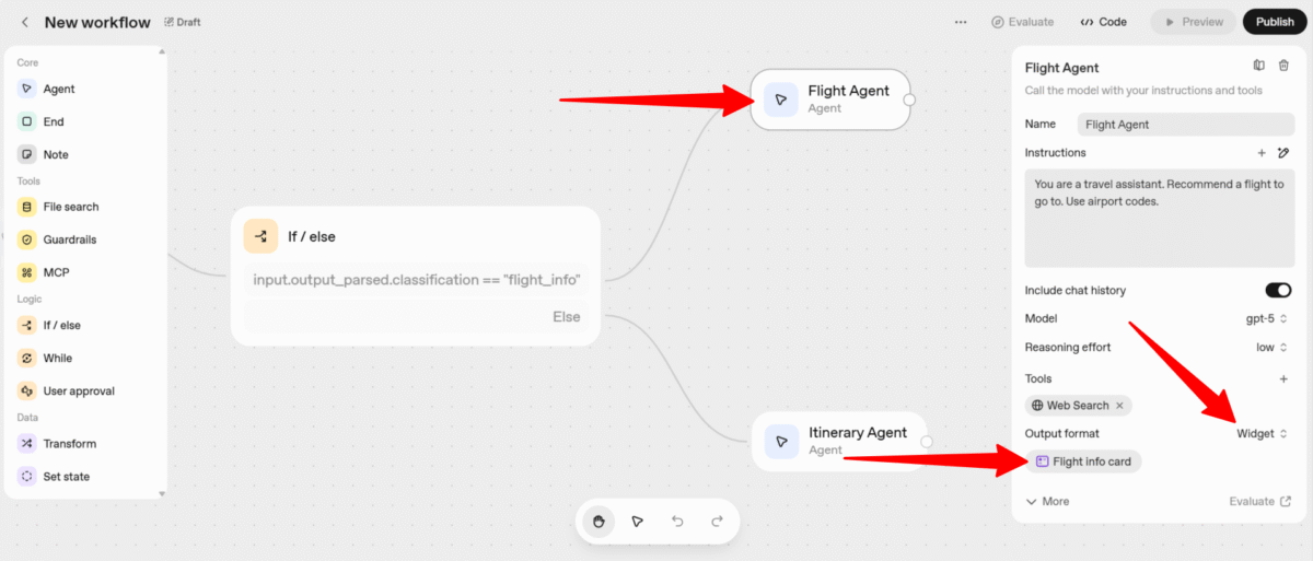 Adding a widget as the output format to a Flight Agent when creating a workflow with AgentKit.