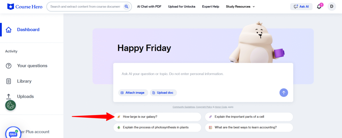 Asking Course Hero's AI a question.