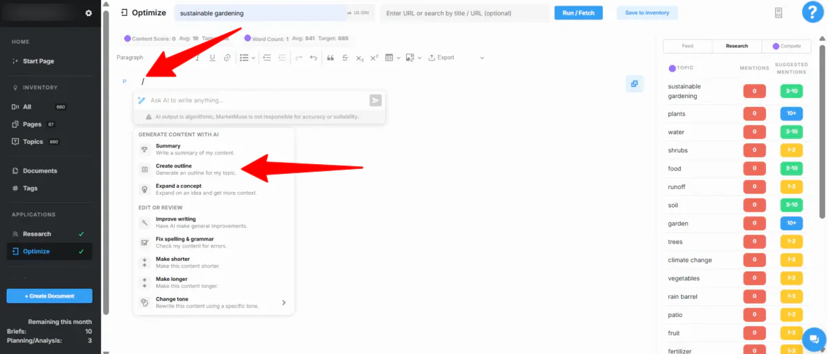 Creating an outline in an emty document with MarketMuse.
