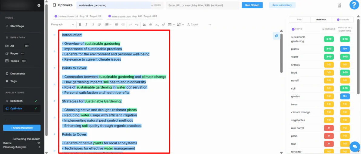 Generating an outline with MarketMuse.