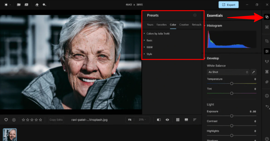 Accéder aux préréglages dans Aperty.