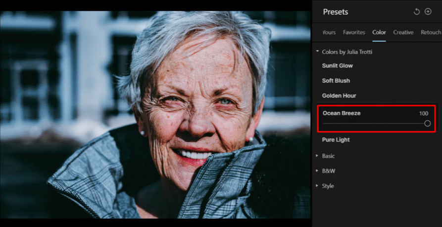 Ajout d'un préréglage à une photo d'une vieille dame à Aperty.