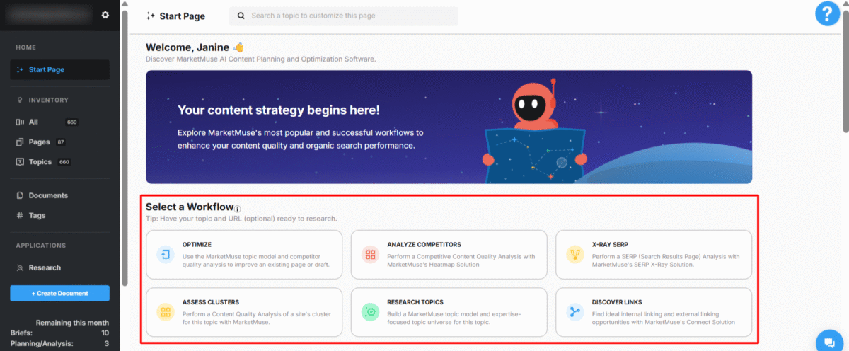 Selecting a workflow when using MarketMuse.