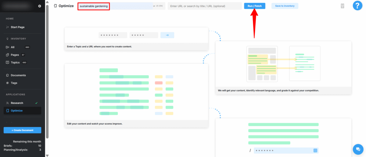 Giving the Optimize tool on MarketMuse a topic.