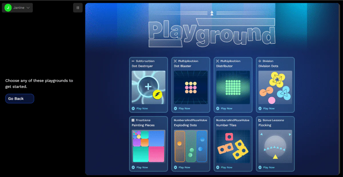 The Playground games available on Synthesis Tutor.