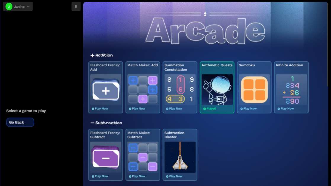The Arcade games available on Synthesis Tutor.