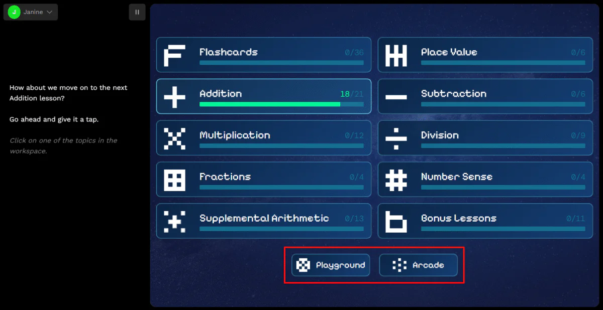 The Playground and Arcade options available on Synthesis Tutor.