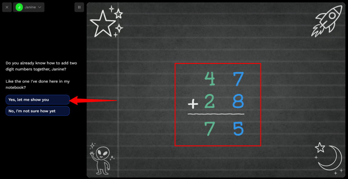 Showing Synthesis Tutor that I can add two digit numbers together.