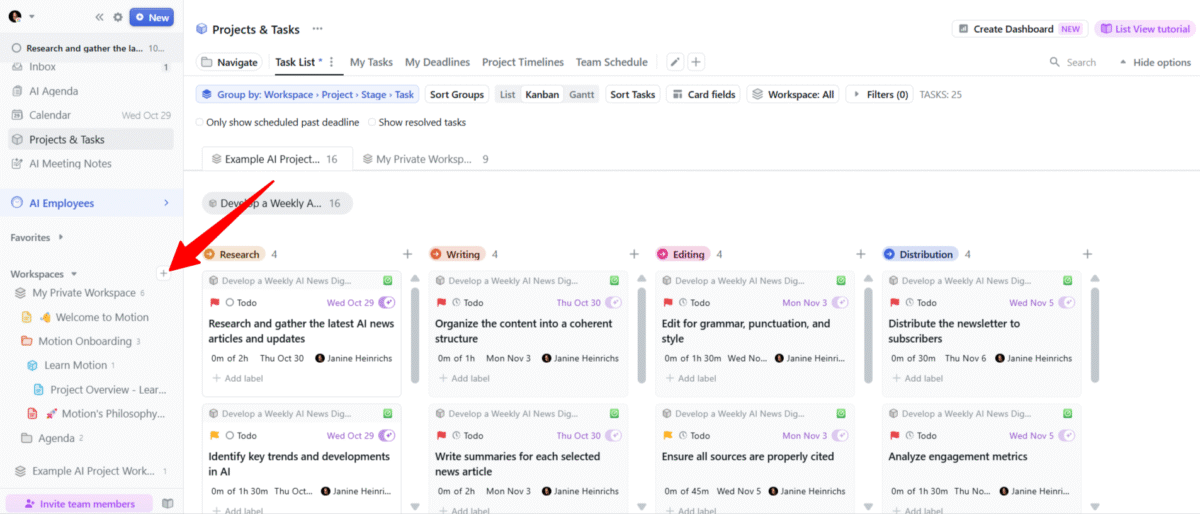 Creating a new workspace with Motion App.