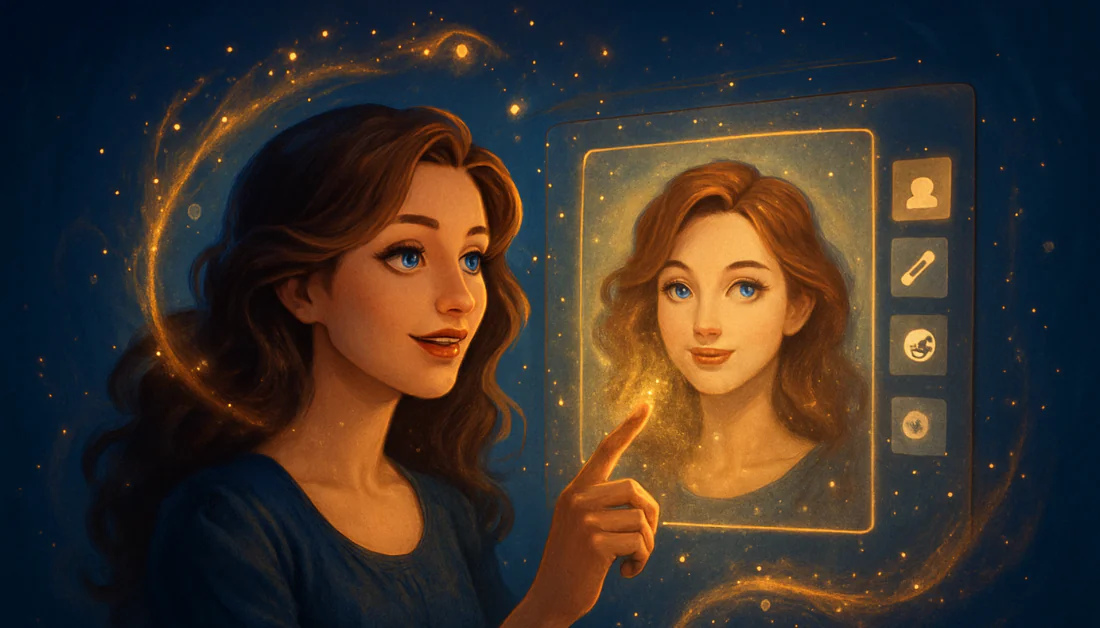 Une femme de dessin animé aux longs cheveux retouche son autoportrait à l'aide d'une intelligence artificielle.