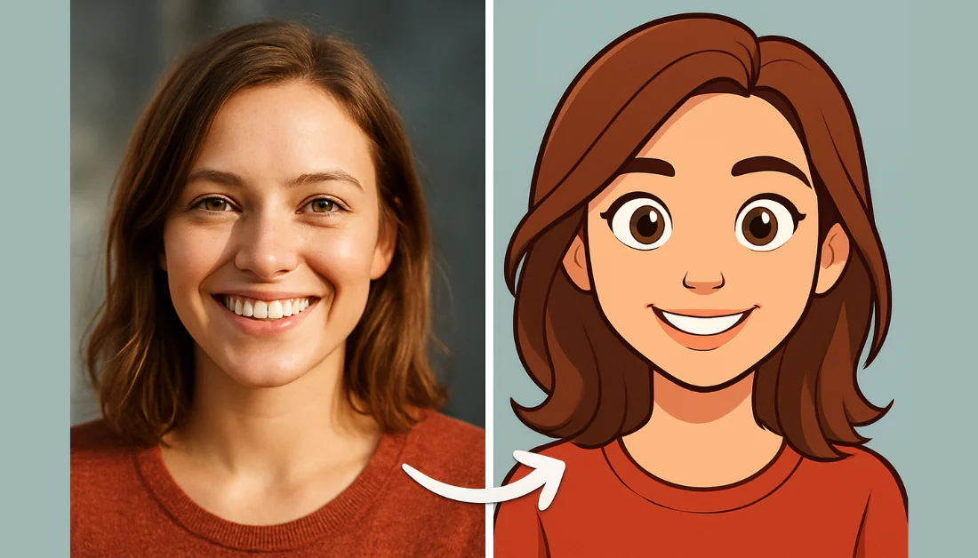 Transformer la photo d'une femme aux cheveux et aux yeux bruns en un dessin animé grâce à l'IA.