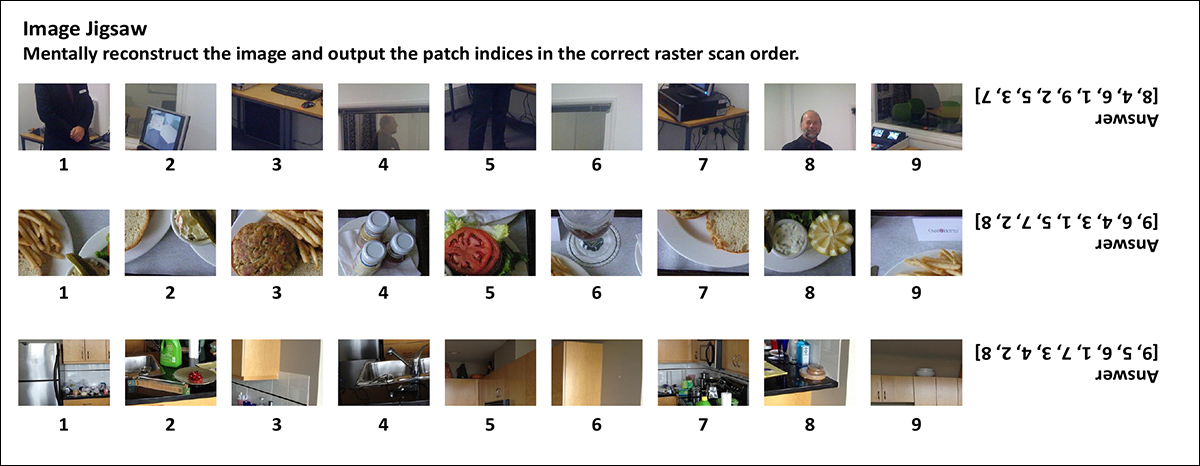 Resim yapboz görevinden örnekler. Her satır, modelin orijinal düzenine göre yeniden düzenlemesi gereken karıştırılmış yamaları gösterir; doğru düzenleme sağda gösterilmiştir.