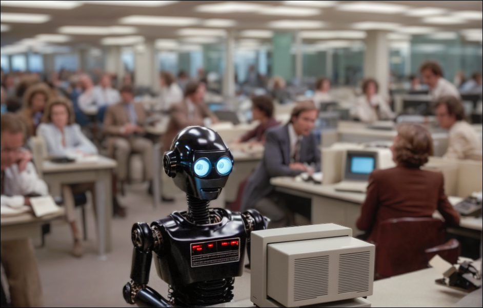 A robot journalist in a retro newsroom. SDXL, Flux Kontext Pro, Firefly 3, et al.