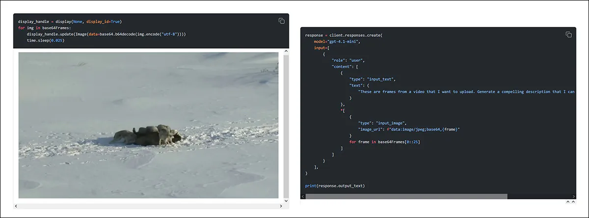 Images and code from an OpenAI tutorial on parsing multiple extracted frames for the purpose of developing an AI-generated commentary for a video clip. [ Source ] https://cookbook.openai.com/examples/gpt_with_vision_for_video_understanding