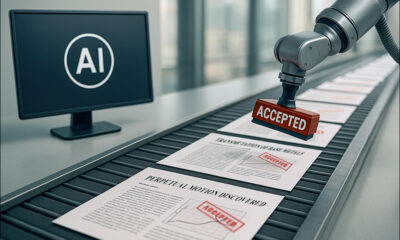 An industrial robot at an AI paper mill, stamping 'ACCEPTED' onto spurious and impossible academic research papers, including papers on perpetual motion and alchemy. ChatGPT-4o; Adobe Firefly V3; et al.