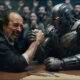 William Shakespeare arm-wrestling a robot. The style should not be illustration-type, nor cartoonish, but instead, photorealistic, in the style of a publicity photo for Real Steel' + variations. GPT-4o, Flux Kontext, Firefly.