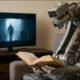 AI-generated image of an industrial robot seated in an armchair and reading a book, while ignoring a movie playing on TV. ChatGPT-o4, Nano-Banana; Firefly.