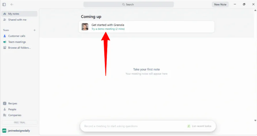 Essai d'une réunion de démonstration avec Granola AI.