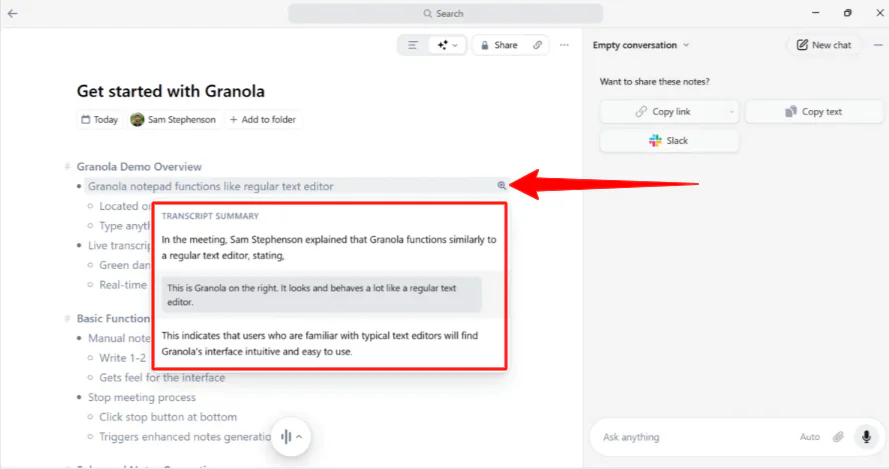 Obtenir un résumé de la transcription à partir des notes générées avec Granola AI.