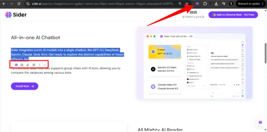 Pinning the Sider AI extension to the browser toolbar and highlighting text on a webpage to expose the toolbar.