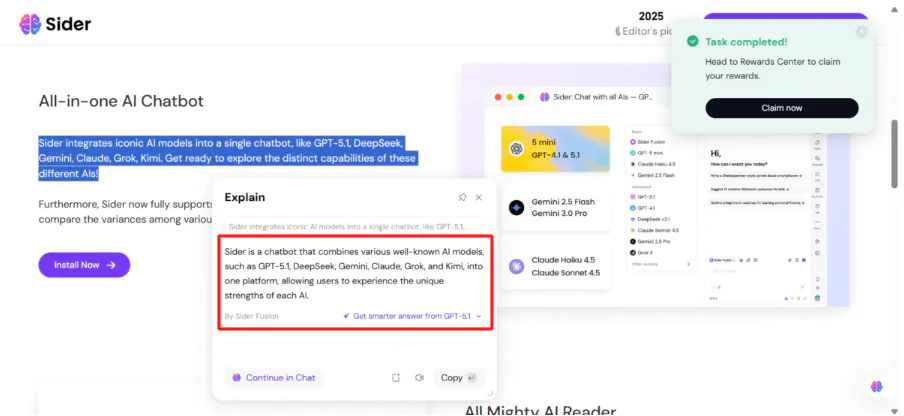 Getting Sider to explain something on a website.