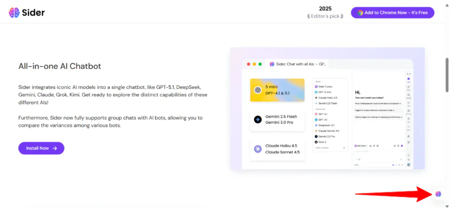 Opening the Sider sidebar by clicking on the icon.