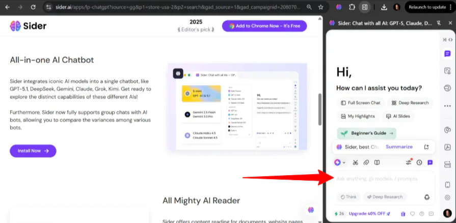 Opening the Sider AI chatbot to ask a question.