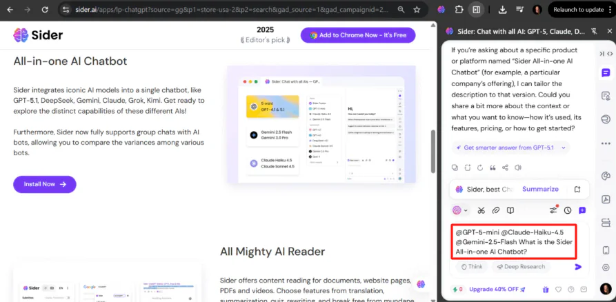 Adding multiple AI models and asking Sider AI a question.