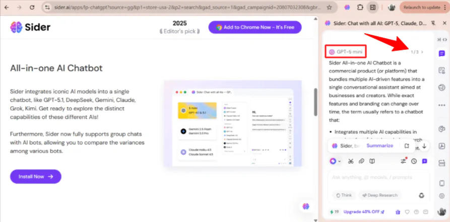 Switching between AI model responses with Sider AI.