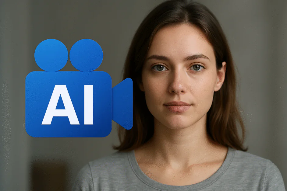 A woman with brown hair with a blue AI video generator vector.