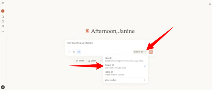 Selecting the Sonnet 4.5 model in Claude.
