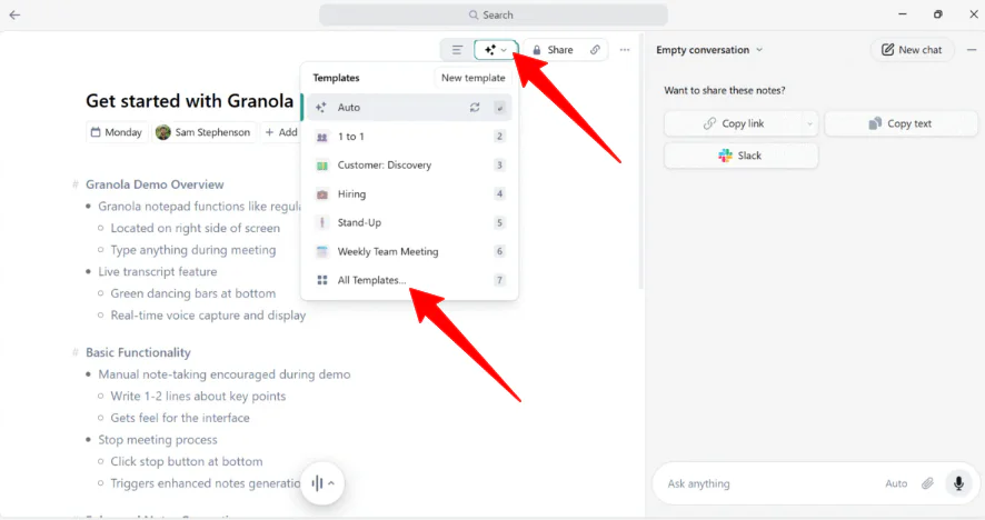 Affichage de tous les modèles disponibles dans Granola AI.