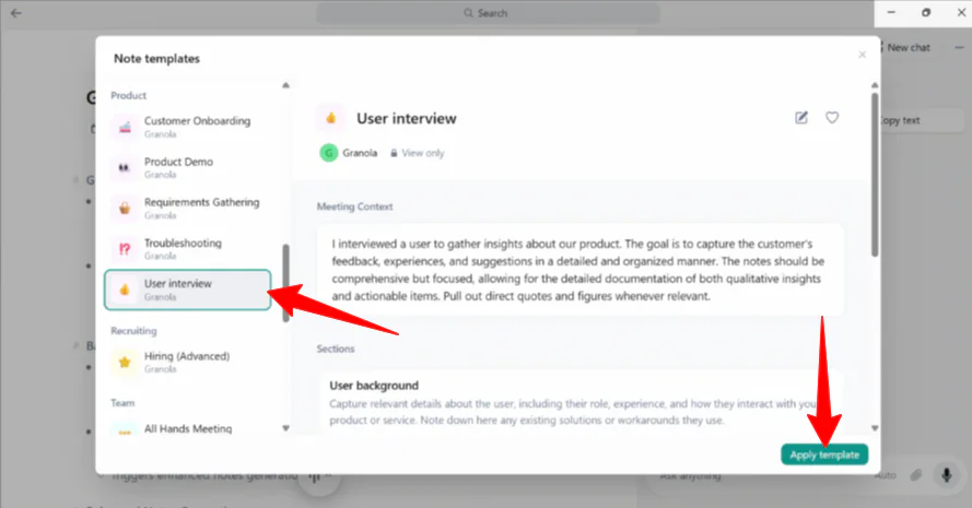 Application du modèle d'entretien utilisateur aux notes de réunion dans Granola AI.