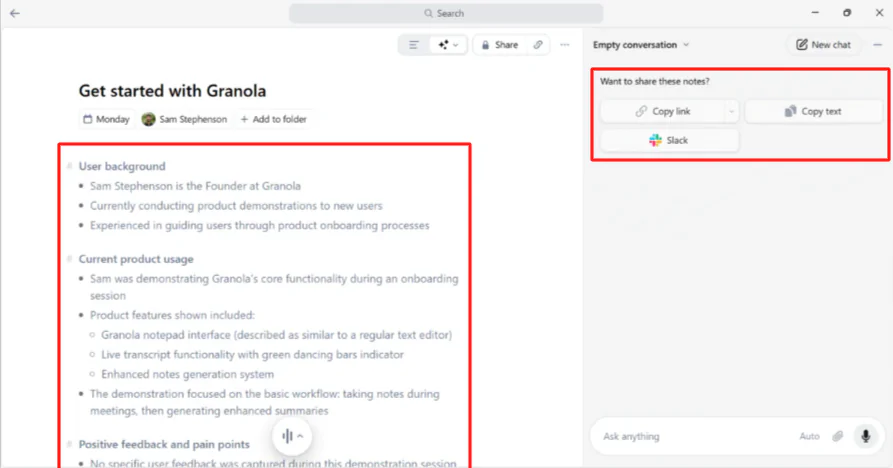 Un nouveau script de réunion généré avec Granola AI.