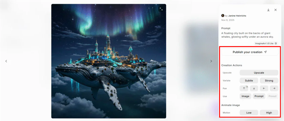 Exploring the creation actions of a photo generated with ImagineArt.