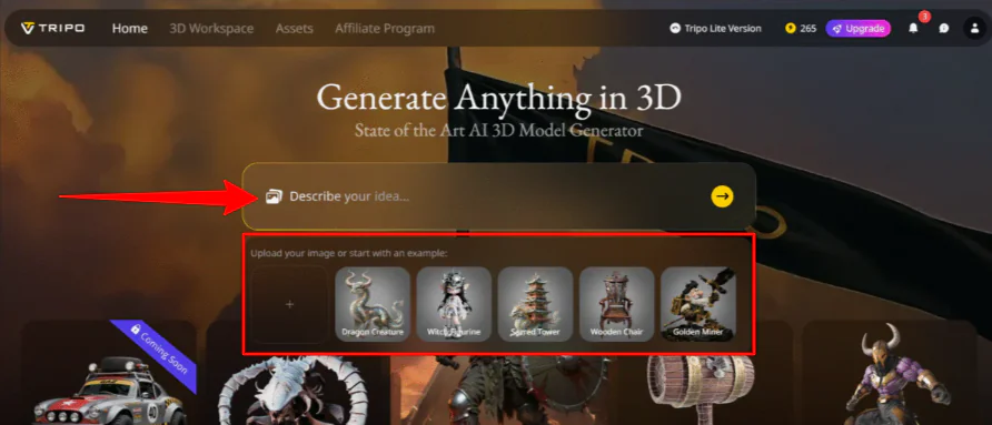 Создание 3D-модели с помощью Tripo путем загрузки изображения.