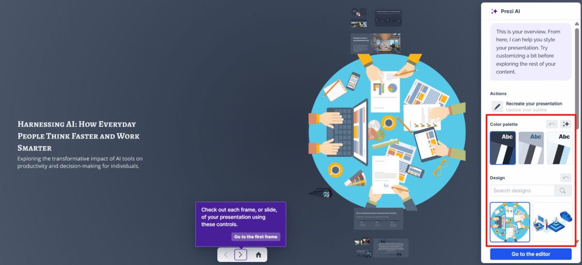 Changing the color palette and design of a Prezi presentation.