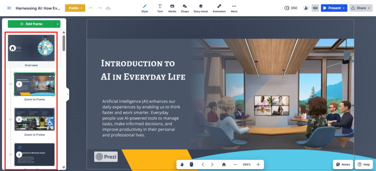 Viewing the presentation frames in the Presi editor.