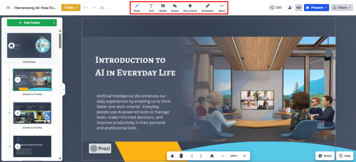 Editing tools in the Prezi editor.